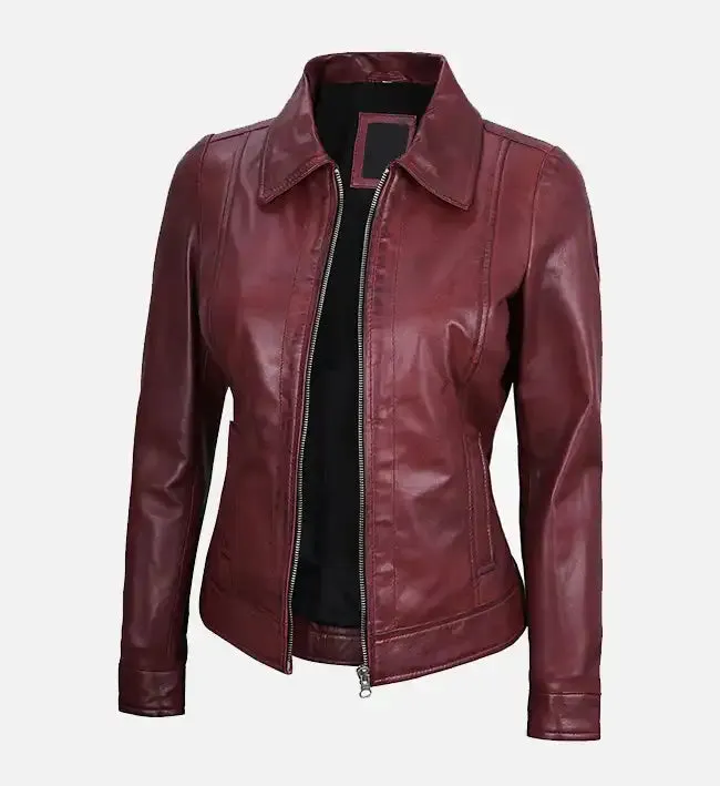 Women's Shirt Collar Maroon Leather Jacket