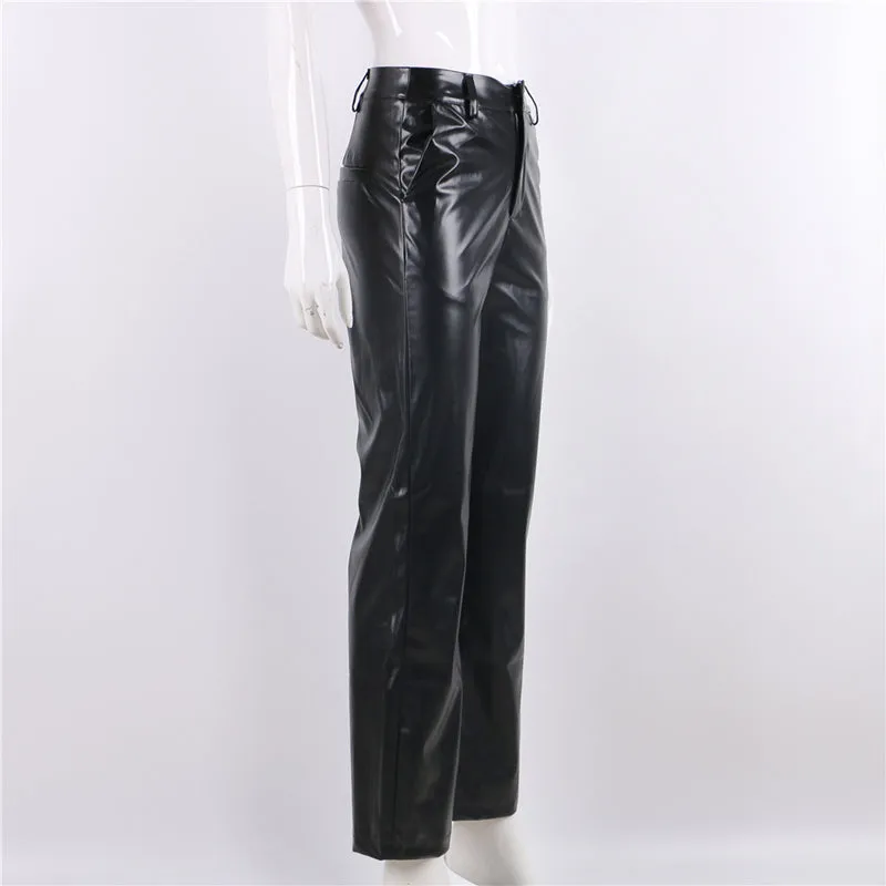 Women's Solid Color High Waist Slim Leather Pants with Pockets