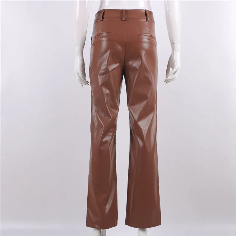 Women's Solid Color High Waist Slim Leather Pants with Pockets