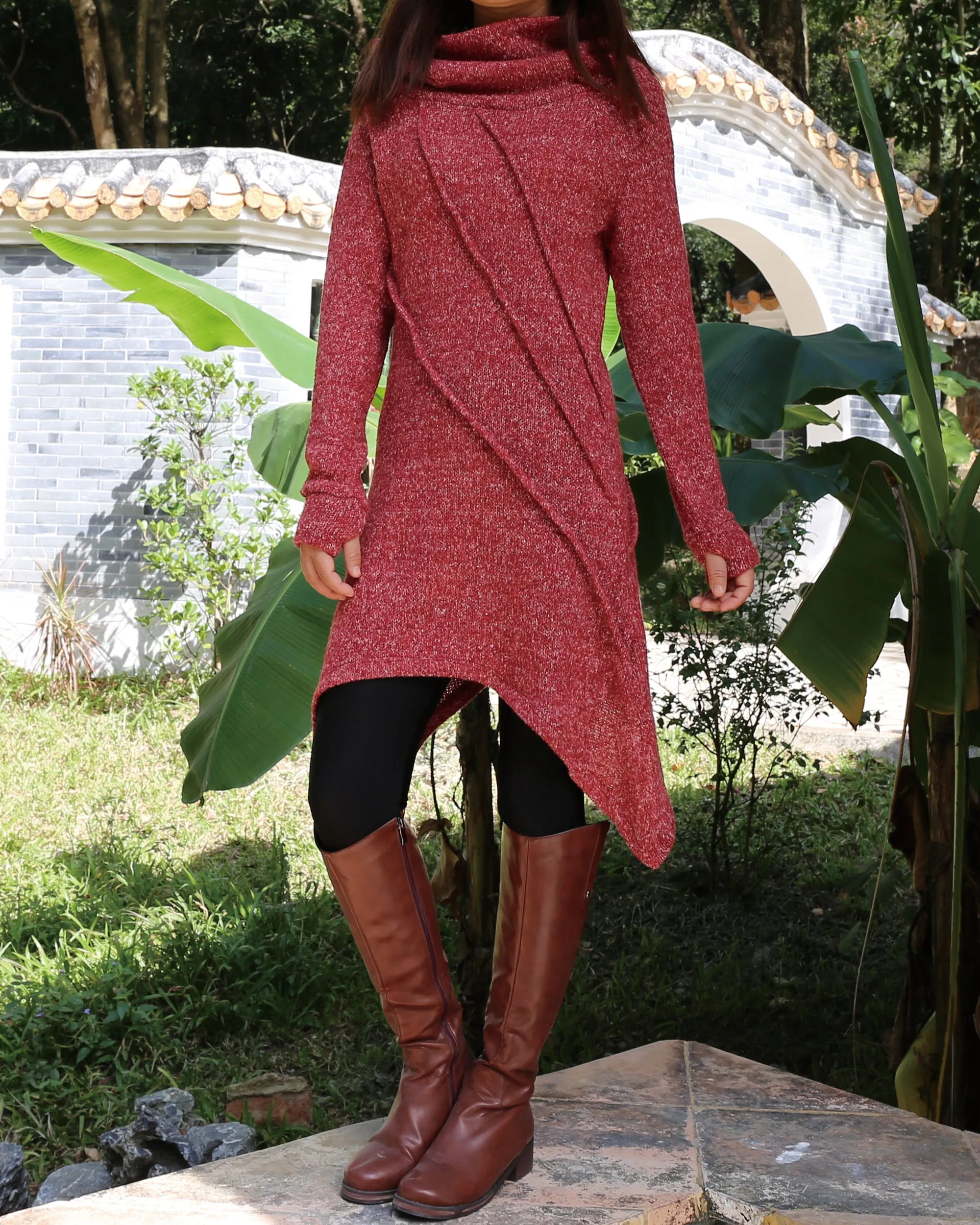 women's sweater dress/wool tunic dress/off shoulder sweater/long sleeve top with thumbholes/knit tunic top for leggings(Q5115H)