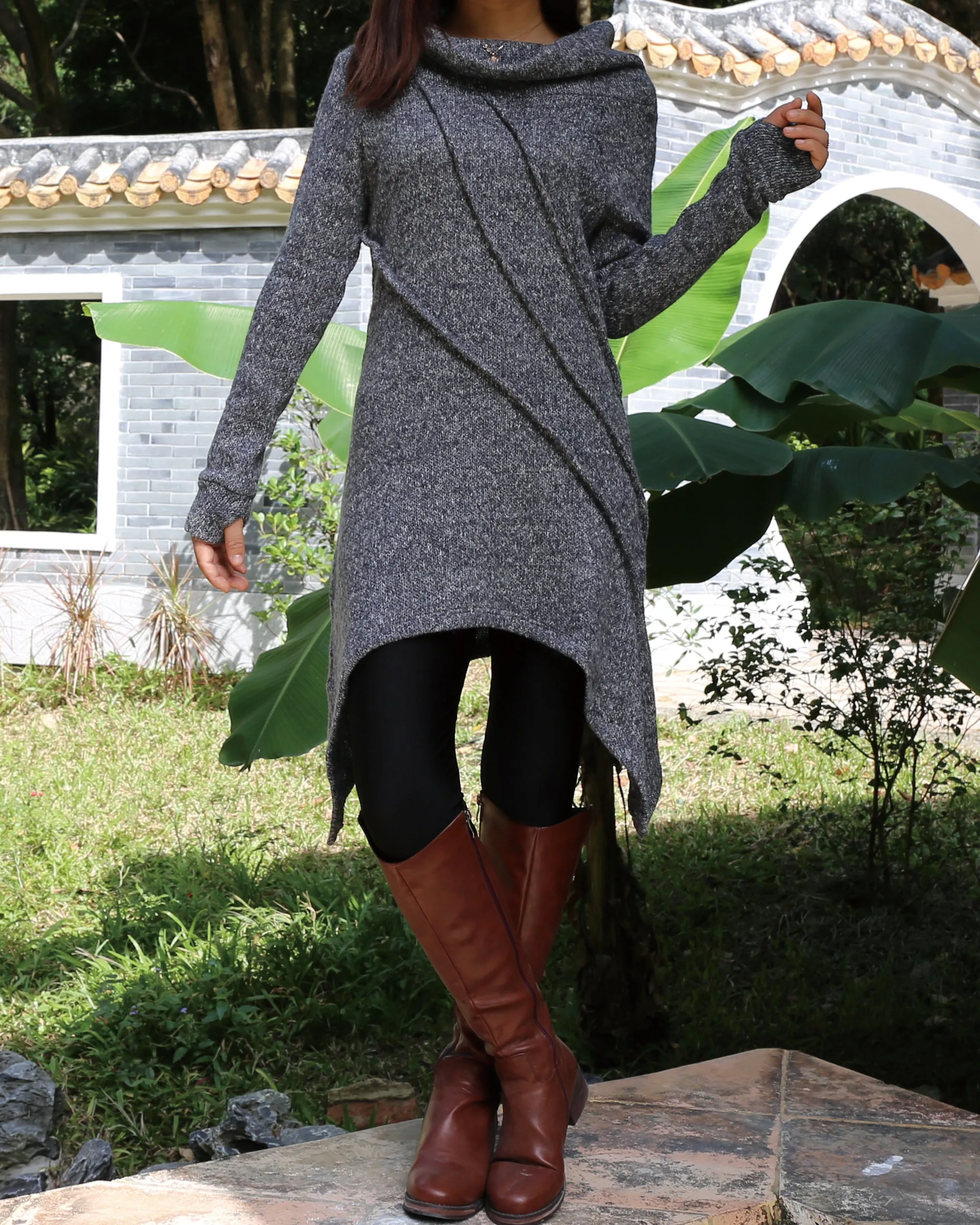 women's sweater dress/wool tunic dress/off shoulder sweater/long sleeve top with thumbholes/knit tunic top for leggings(Q5115H)