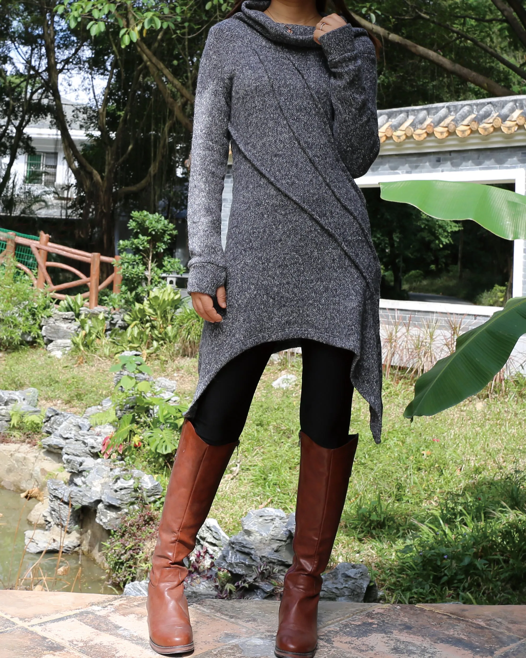 women's sweater dress/wool tunic dress/off shoulder sweater/long sleeve top with thumbholes/knit tunic top for leggings(Q5115H)