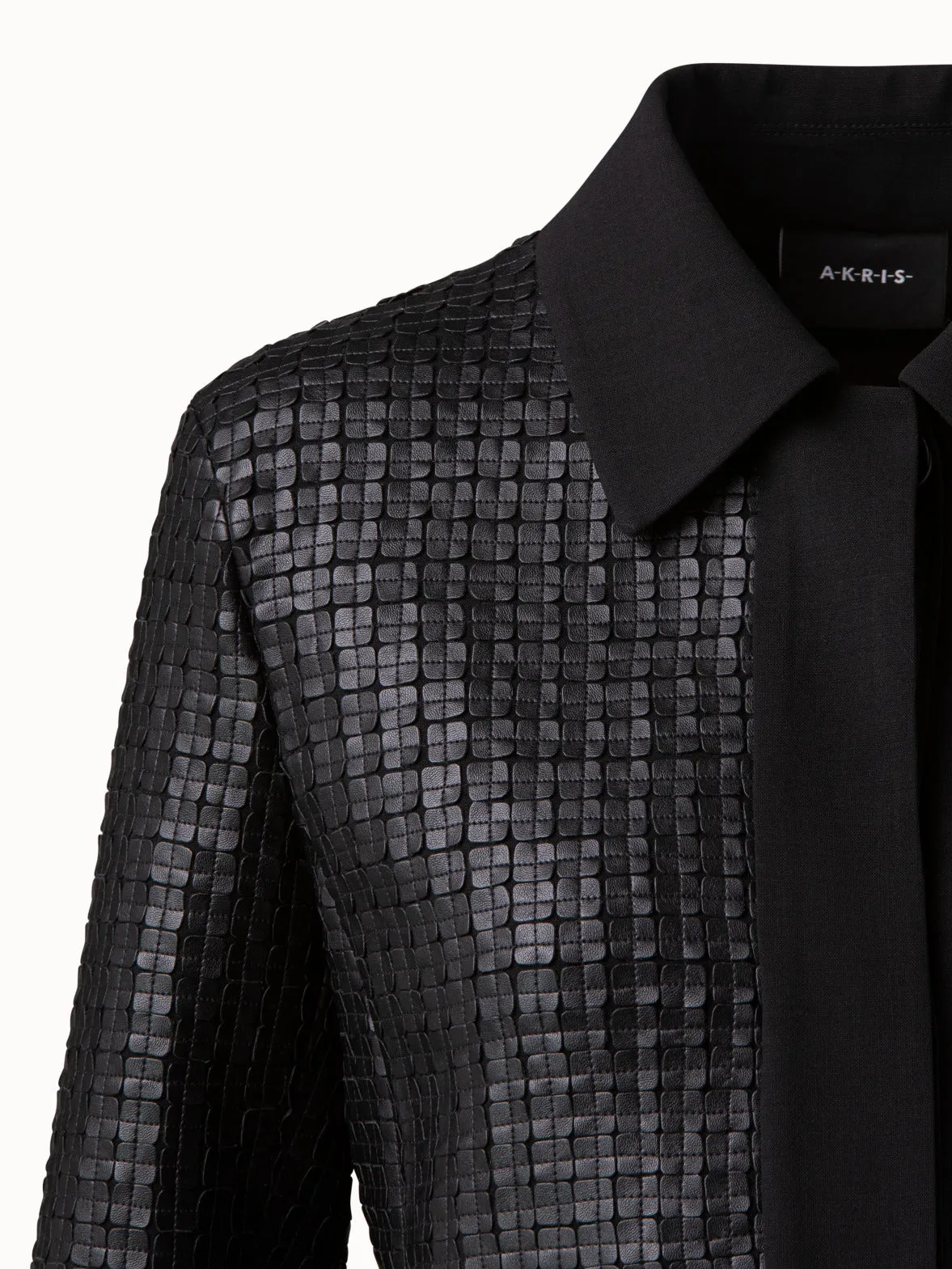 Wool Double-Face Short Jacket with with Faux Leather Superposé Grid Embellishment