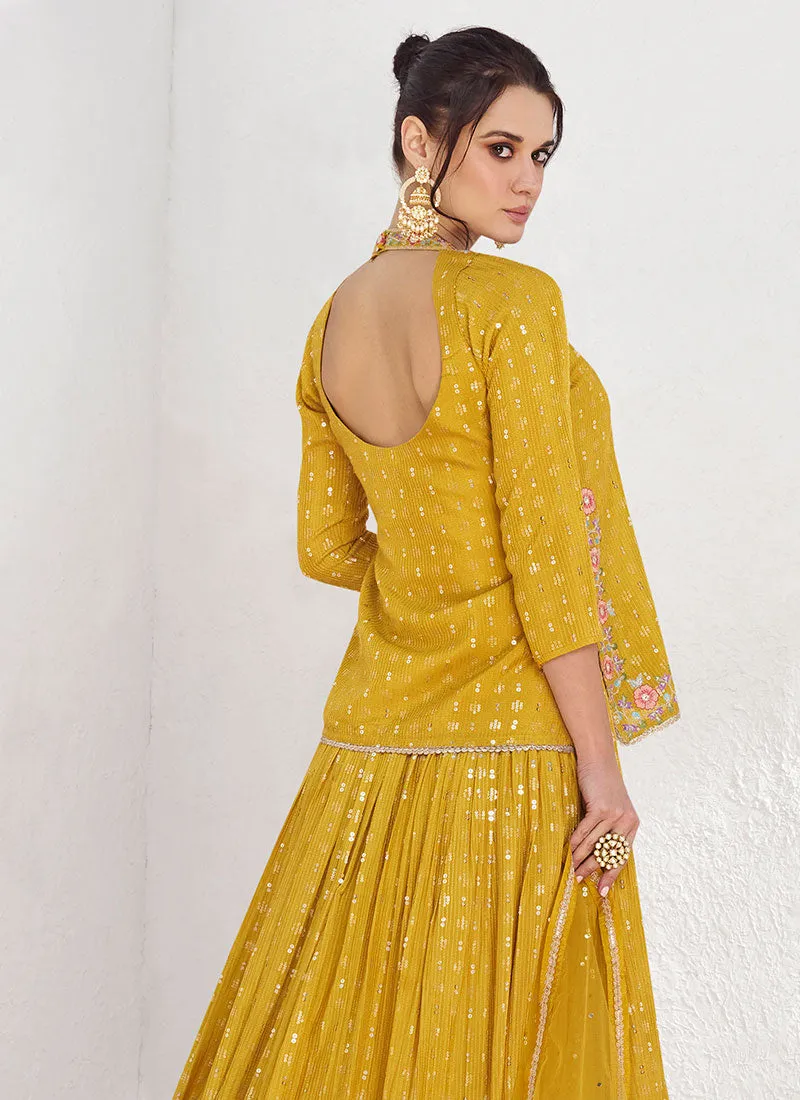 Yellow Multi Sequence Embroidery Designer Lehenga Kurti