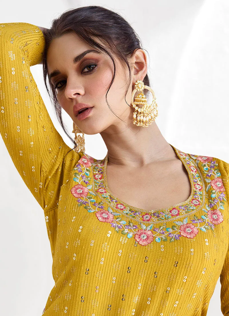 Yellow Multi Sequence Embroidery Designer Lehenga Kurti